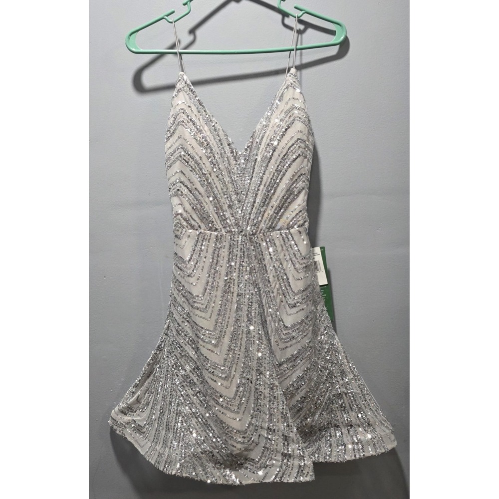 B.Smart Size 3 Juniors Silver Gray Sequin Bling Shimmer Y2k Dress Event V-Neck